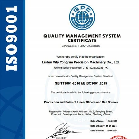 ISO:9001 llithryddion llinellol a sgriwiau pêl--Lishui Yongrun